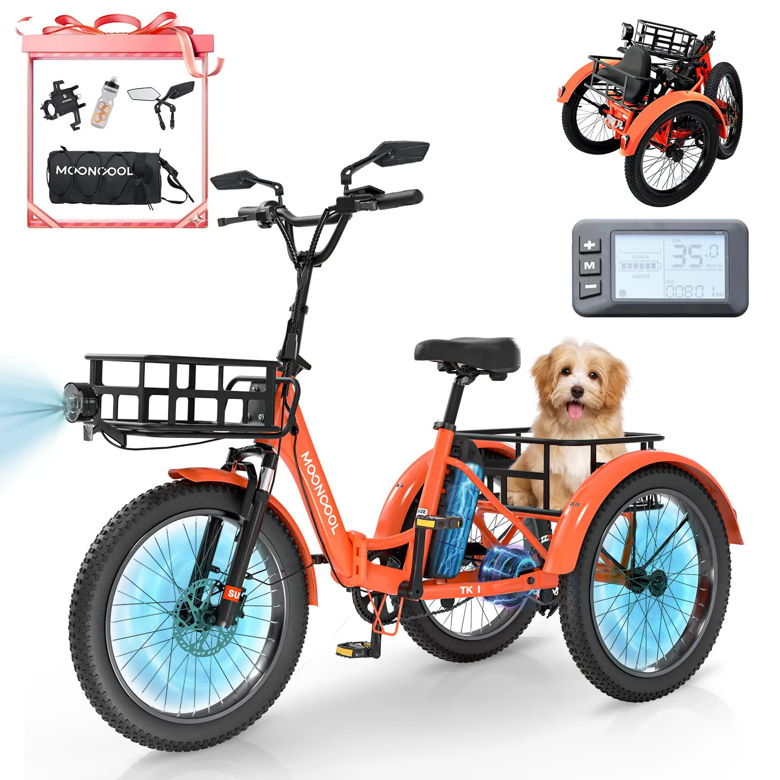 TK1 Folding Electric Tricycle with Rack Bags , 750W Motor 48V Foldable Ebike Electric Trike for Adults, 20" Fat Tire 3 Wheel Electric Bicycle with Front & Rear Baskets