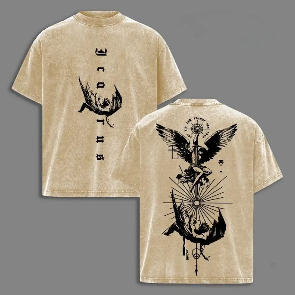 Men's Oversized Gothic Icarus Angel Graphic T-Shirt, Vintage Mythcore Alternative Style Streetwear Shortsleeve Tee, Casual, Mythcore Theme, Vintage Mythcore Design
