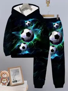 Trendy Ventilated Kids Hoodie Sweatshirts Set, Unisex Children Wear, Outdoor Sports Athletic Casual & Street Style, Football Print Design, Sweatpants