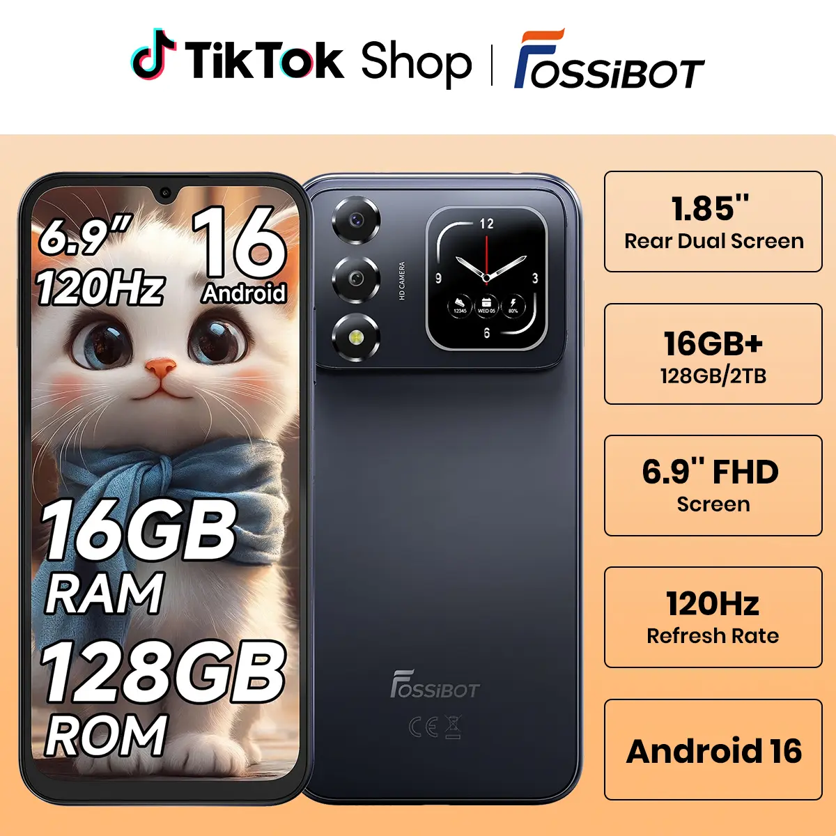 FOSSiBOT S7 2026 Dual-Screen Unlocked Android 16 Smartphone, 1.81" Smart RearDisplay, 16(4+12)GB RAM + 128 GB ROM Octa-Core Mobile Phone, 6.88" HD + 120Hz,5150 mAh Battery, 13 MP + 5 MP Camera, 4GDual SIM/GPS/Face ID/Fingerprint Unlock/T- Mobile