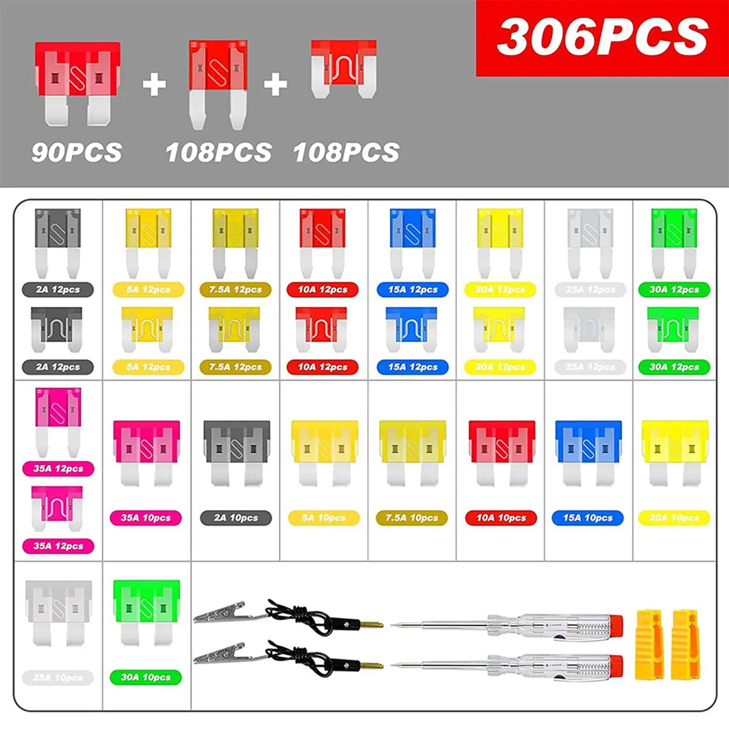 306Pcs Car Fuses Assortment Kit, Mini ATC ATM MAX Blade Fuses with Fuse Puller & 2 Circuit Test Pens, 5A-60A Automotive Replacement Fuse Set for Car Truck RV Motorcycle ATV