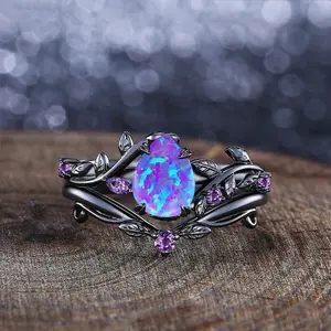 Unique Black Ring Set Water Drop Imitation Opal Design Women's Engagement Ring & Birthday Gift Jewelry Accessory Durable Metal Coating Artificial Gemstone Bridal Elegance