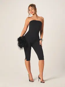Women's Strapless Bodycon Jumpsuit, Sleeveless Knee-Length Split Hem, Elegant Slim Fit, Comfortable Stretch Fabric, Casual Summer, Chic Womenswear
