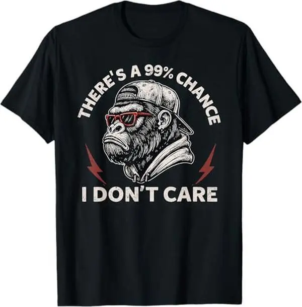 Men's Short-Sleeve Cotton Fabric T-Shirt - Menswear, Retro Distressed Gorilla Print, Funny "99% Chance I Don’t Care" Slogan, Cool Ape Red Glasses, Multi-Size Streetwear Casual Top for UK Guys