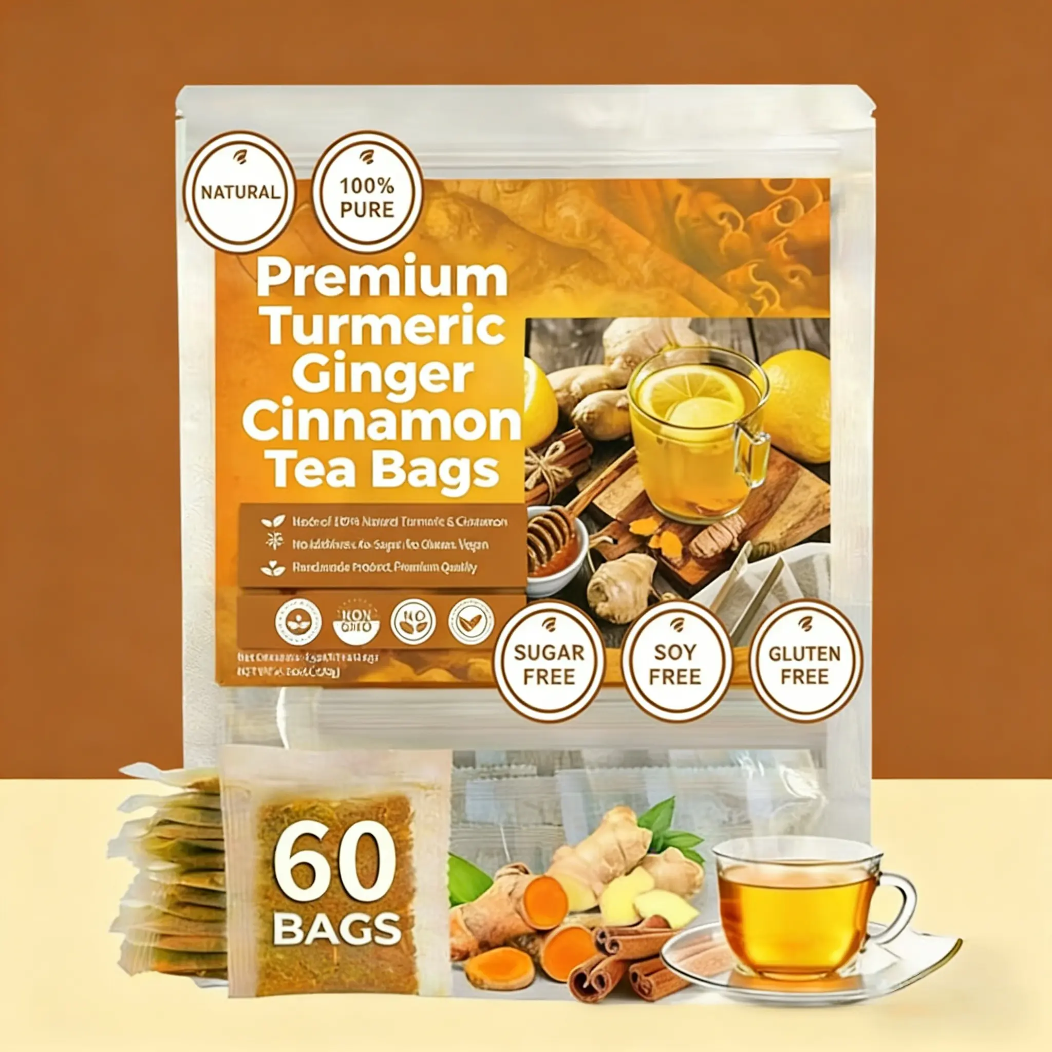 60 Bags Premium Turmeric Ginger Cinnamon Tea Bags | Sugar & Gluten Free | Natural Anti-Inflammatory Wellness Drink  #TurmericTea #HealthyLiving, Daily Tea, Ginger Teas