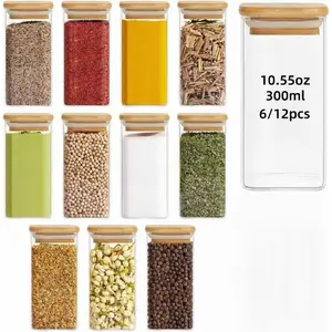 Glass Spice Jars Set, 300ML/10.55oz, 6/12pcs, Bamboo Lid, Square Seasoning Containers, Small Bottles for Salt Herbs Sugar Pepper Spices, Kitchen Organization, Glass Kitchen Canisters