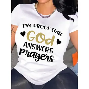 Lady's Faith-Inspired 'I Am Proof That God Answers Prayers' Graphic Top, Casual Comfy Women's Short-Sleeve Round-Crew Neck Tshirt, Breathable Polyester Blend, Machine Washable Sports Top