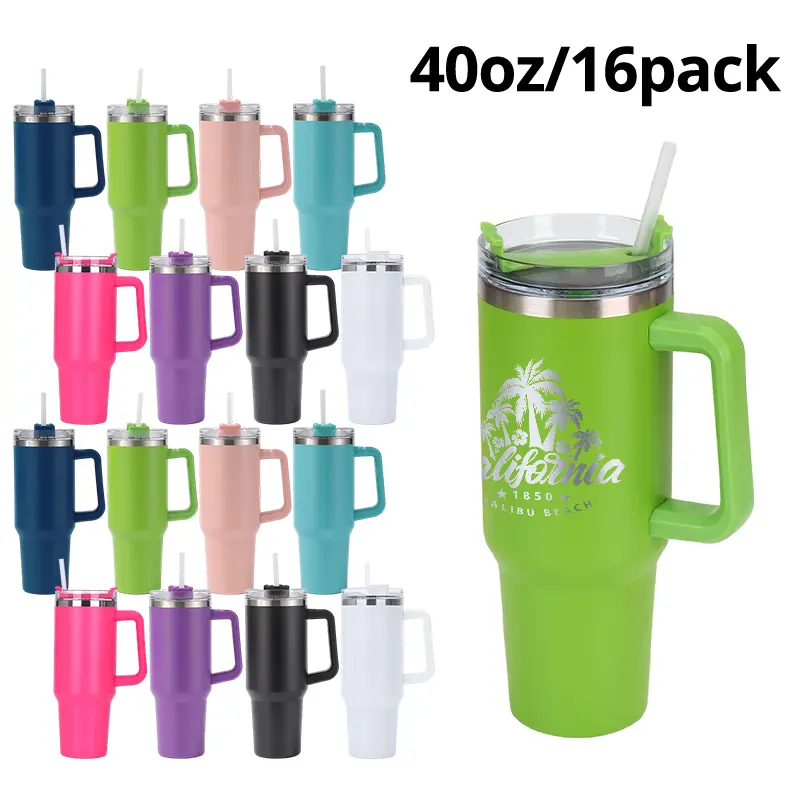 MyCrafix Mixed 8 Colors 16-Pack 40oz Laser Engraved Stainless Steel Tumblers - Double Wall Insulated Refillable Mug Vacuum Flasks, Leak-Proof Handle Lid, Removable Handle, Insulated Straw - Portable Kitchenware for Outdoor Sports, Gifting, Mixed 8 Colors