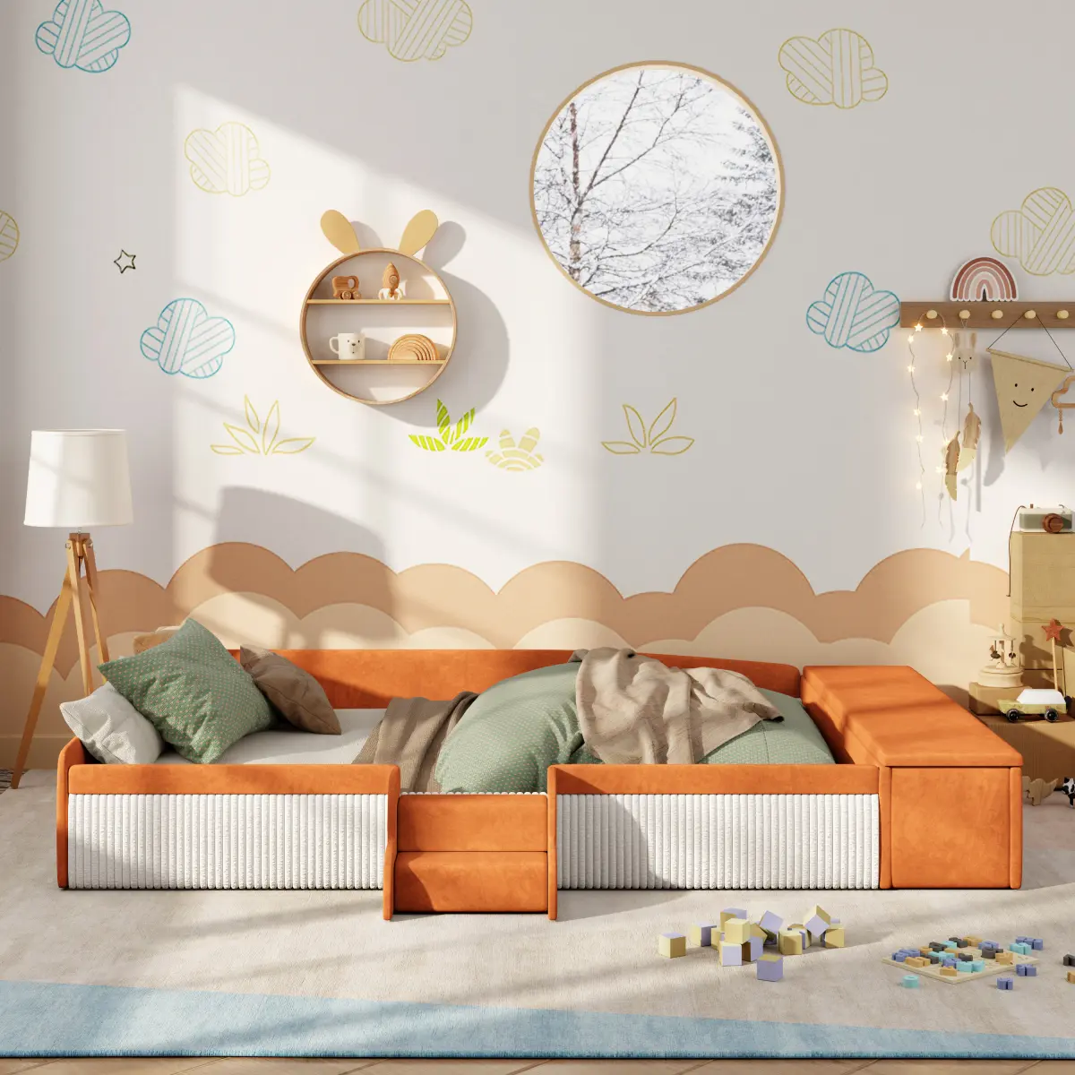 Queen Size Modern Upholstered Daybed with Stairs, Gas Lift Storage Ottoman, Padded Guardrails, Contrast Brown-White Velvet Floor Bed for Kids, Easy Setup