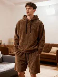 Men's Soft Plush Hoodie Shorts Set, Matching Long Sleeve Pullover Sweatshirt, Elastic Waist Plush Shorts, Casual Fall & Winter Home Wear, Unisex Set, Casual Everyday Set