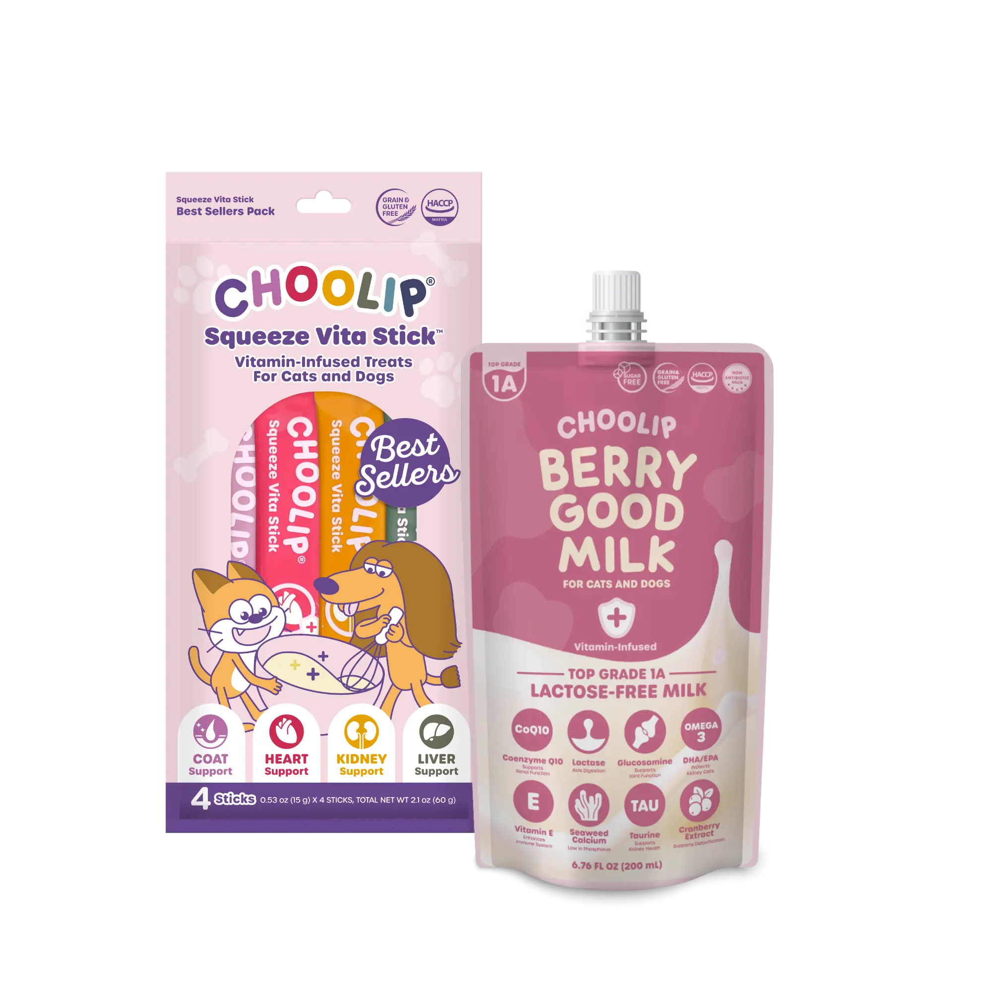 Choolip Daily Care Starter Bundle - Berry Good Milk + 4 Best-Selling Squeeze Vita Sticks for Dogs, Gluten-Free Pet Health Supplements with Hydration & Targeted Vitamin Support