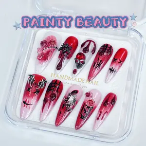 A145 Halloween Blood Sacrifice 3D Spider Rose Bat Handmade Press on Nails for Festive Nail Art