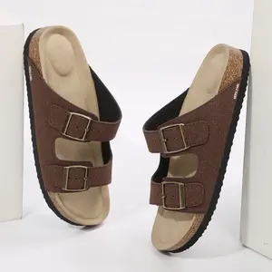 Womens Cork Footbed Sandals - Adjustable 2-Strap Comfort Slides Slip On Open Toe Flat Sandals for Summer Beach Casual Everyday Wear