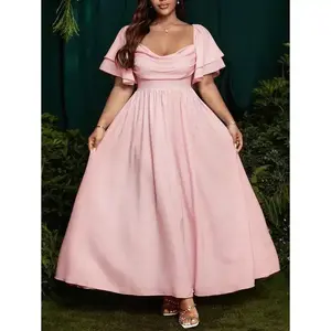Plus Size Ruffle Collar & Sleeve A-Line Dress, Pink Elegant Flowing Pleated Hem Ball Gown for Party, Wedding, Vacation