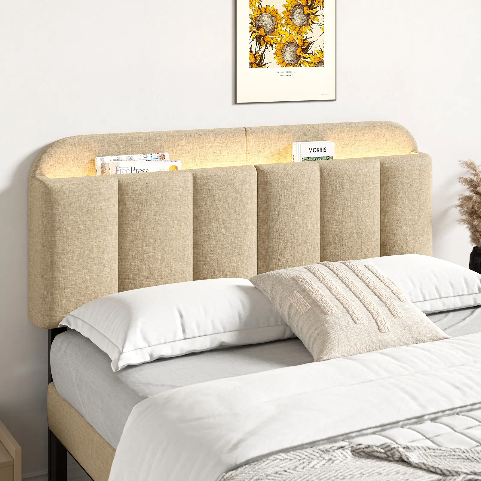 【SummerFinds】ONBRILL Adjustable Leg Headboard for Full/Queen Bed Frames - Premium Linen Surface, 45.2"-49.1" Height, Vertical Storage Space, RGB LED Light, Modern Vertical Channel Design, Easy Assembly, Adjustable Bed Frame Adapters, Durable, Led Lights