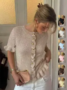 Women's Spring Summer Vintage Fashion Casual Round Neck Short Sleeve Knitted Cardigan Knitwear, Ruffle Design and Metal Buttons, Elegant Soft Sweater
