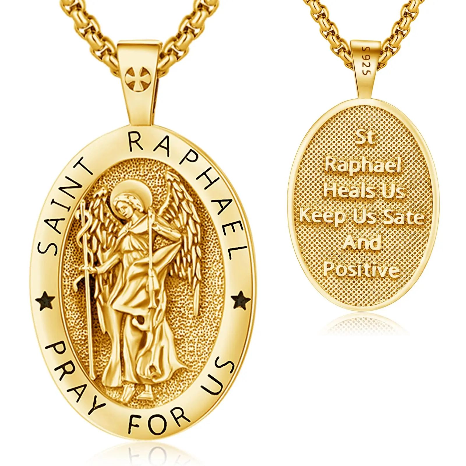 DRINSPER St. Raphael Protection Necklace, Gold Plated 925 Sterling Silver Angel Medallion, Hypoallergenic Jewelry with 22+2 Inch Box Chain, Faith Necklace, Guardian Pendant, Positive Energy, Silver Necklaces & Pendants