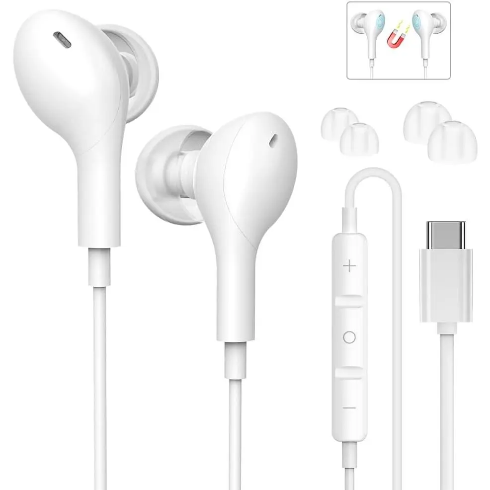 USB C Headphones,Type C Earphones with Microphone Volume Control,Magnetic Wired Earbuds HiFi Stereo,USB C Earphones with Noise Isolating for Samsung Galaxy S20 S21 FE S22 S23 iPhone 15 Pro Max iPad