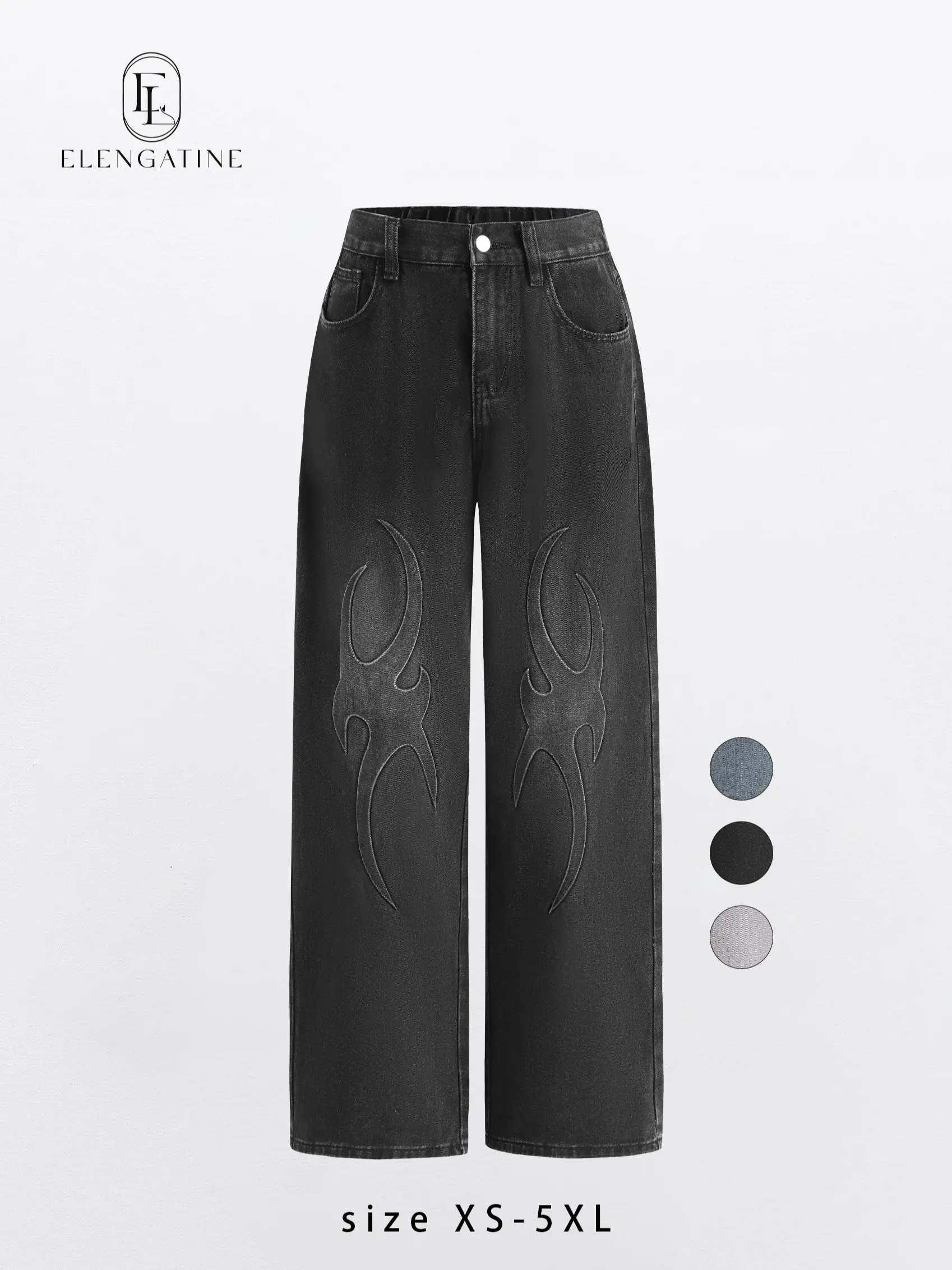 Elengatine Embossed Flame Pattern Denim Jeans for Women Light Wash Loose Wide Leg Silhouette Elastic Waistband Y2K Streetwear Inspired Soft Viscose Cotton Blend Casual Outfits Stand Out Fashion Piece