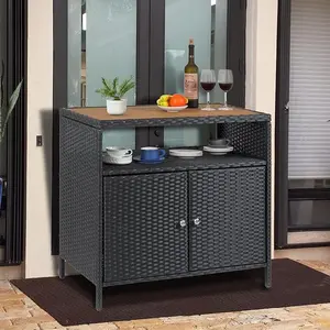 Outdoor Rattan Storage Cabinet, Outdoor Cabinet with Acacia Wood Countertop, Open Compartment, 2-Door Wicker Sideboard, Outdoor Bar for Patio Garden Backyard Poolside(Black and Brown)