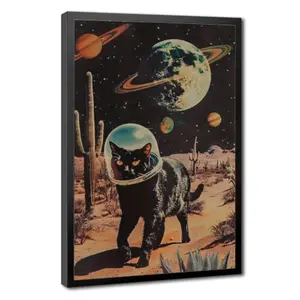 Vintage Space Astronaut Poster — Vintage space astronaut canvas art print featuring a black cat, decorative modern retro animal-themed poster, optional frame, ink printing, suitable for living room, bedroom, home office, bathroom, kitchen, and other space