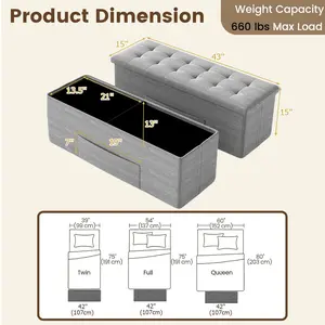 COSTWAY - 43 Inches Folding Storage Ottoman Bench Linen End of Bed Bench with Padded Seat-Light Gray