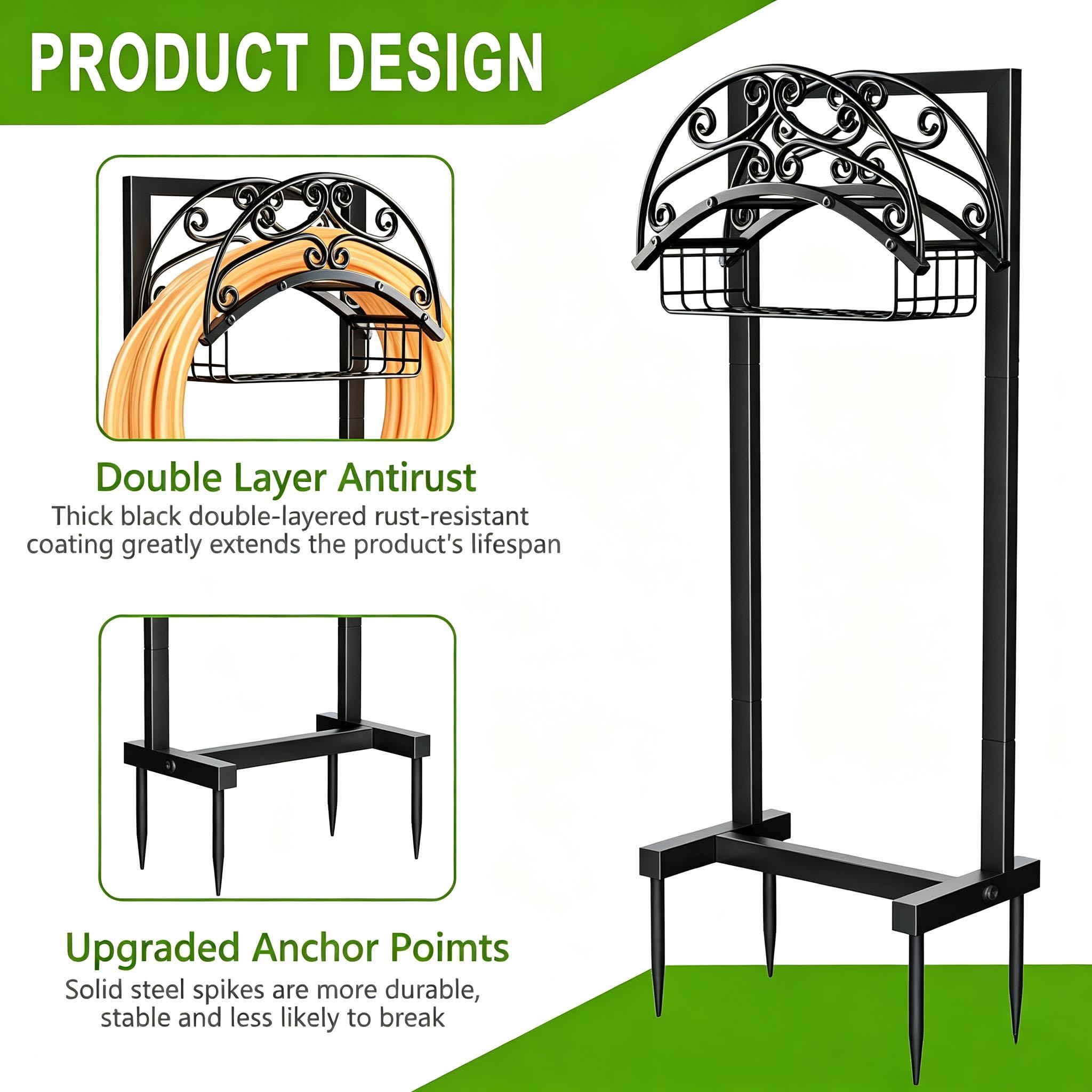 Heavy Duty Freestanding Metal Garden Hose Holder with Detachable Storage Basket, 151ft Capacity, Rustproof Outdoor Organizer Stand for Backyard Lawn that Organizes Water Pipes