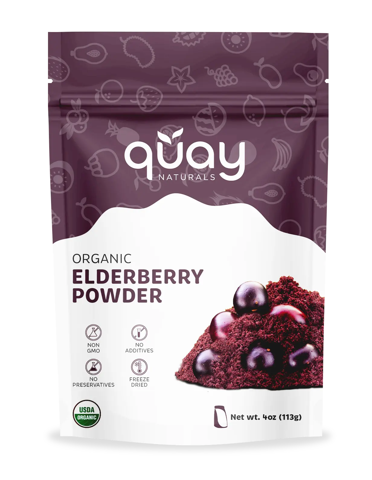 QUAY NATURALS Organic Elderberry Juice Powder - Freeze Dried, No GMOs, No Additives, 4oz (113g) - Healthcare & Dietary Supplement
