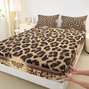Brown Leopard Print Fitted Sheet,Kids Girls Woman Novelty Room Decor,Abstract Wild Animal Skin Bed Cover,Paisley Floral Boho Bedding Set,Rustic Retro Bed Sheet