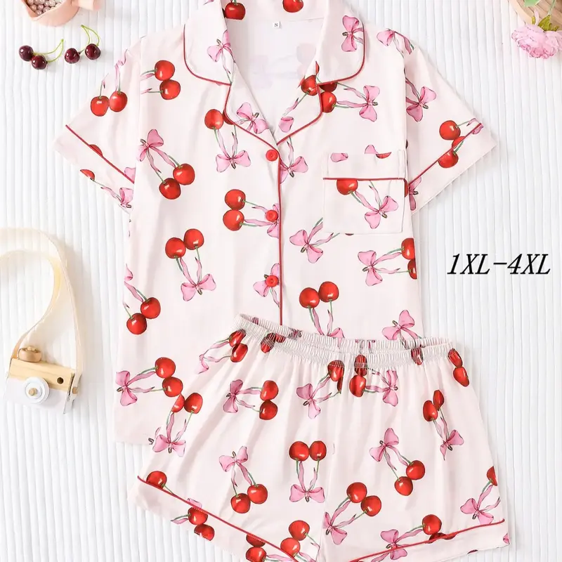 [Plus Size] Cherry Print Shortsleeve Top & Shorts Pajamas, Fruit Print Pajama, Casual Comfy Short Sleeve Top & Shorts Pj Set, Women's Sleepwear for Summer, Cute Loungewear Outfit, Homewear, Womenswear, Printed Sleepwear Set, Pyjamas