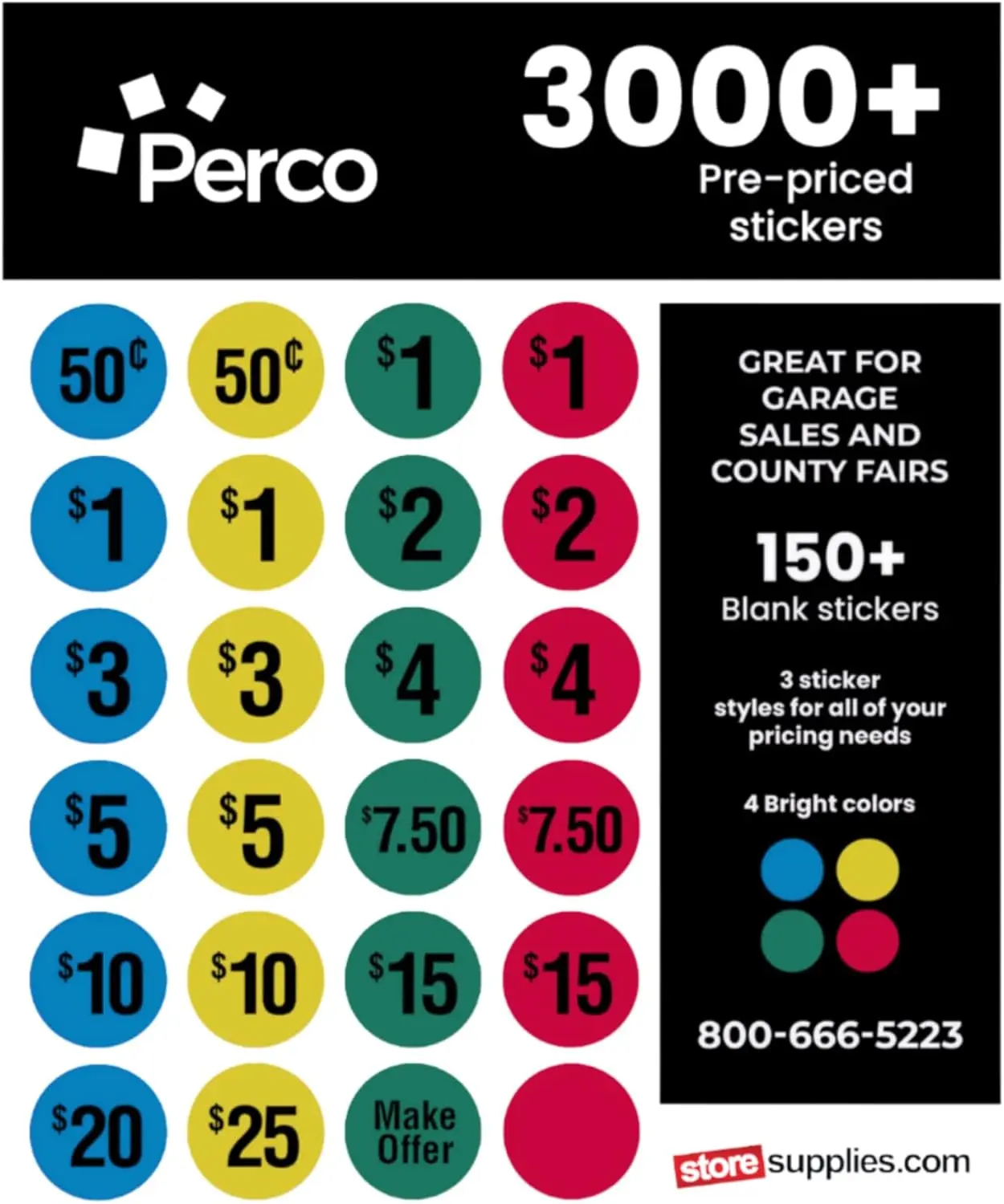 Perco Garage Sale Price Stickers - 3000+ Pre-Priced & 75+ Blank Stickers - Easy-to-Read Price Tags for Yard Sales, Flea Markets, County Fairs & Retail Use - 4 Bright Colors