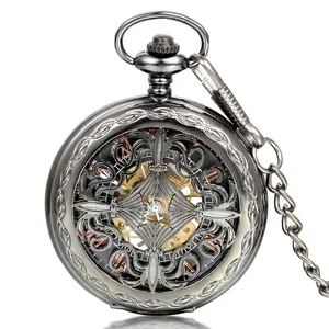 OIDEA Vintage Chinese Knot Skeleton Pocket Watch, Manual Wind Mechanical Gunmetal Alloy Collectible with 13.8-inch Chain