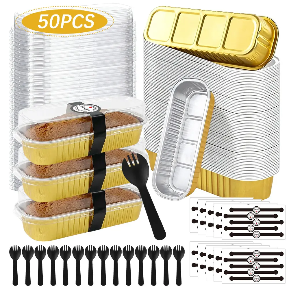 50Pack 6.8Oz Disposable Rectangular Aluminum Foil Mini Cake Pans, Baking Cups Tins with Clear Lids & Spoons, Individual Loaf Containers for Dessert, Brownie, Home Baking & Party Treat Supplies
