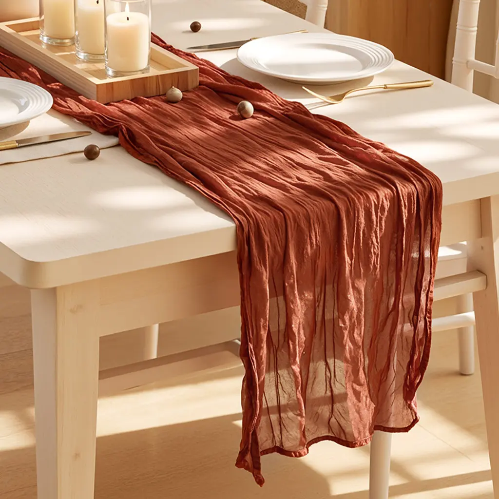 Boho Cheesecloth Table Runner - 1/2/6/12 Panels, 1.6x10ft Single Panel, Soft Sheer Gauze Wrinkle Texture Fabric, Fade Resistant Chic Boho Table Style Decor for Weddings, Draped Events , Rustic Chic