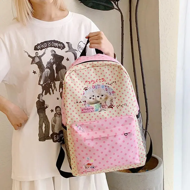 Kawaii Sweet Cat Dot Backpacks Y2k Vintage Patchwork Preppy Schoolbags High-capacity Students Cute Bags for Women Girl