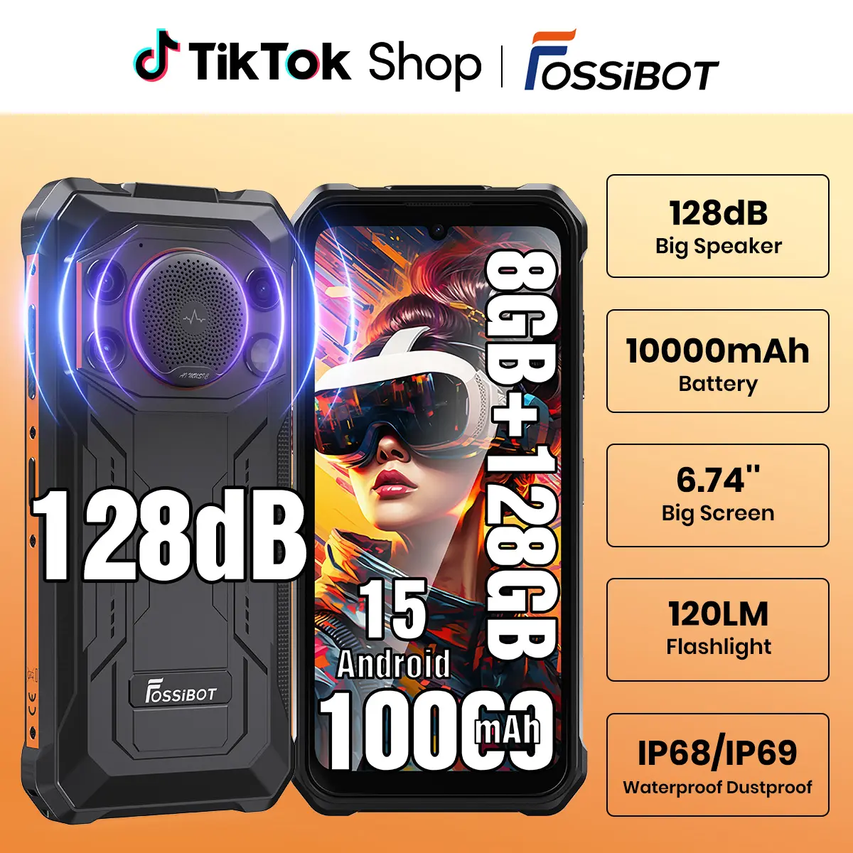 FOSSIBOT F110L Rugged Cellphone - Android 15, 12GB+128GB/2TB Unlocked Mobile Phone, 10000mAh Battery, 128dB Loud Volume, 6.745" Display, 50MP Sensor, 20W Charge, 4G Dual SIM, Waterproof, Camping Light,back to school,back to school haul