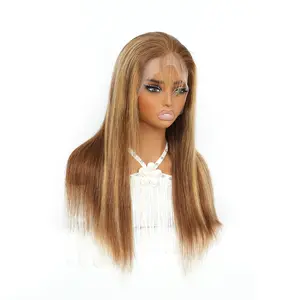 13x4 Lace Frontal Wig Straight Highlight Ombre Brown #4/27 Pre Plucked Natural Hairline With Baby Hair 22.5 Inch M Cap Virgin Human Hair Wigs Colored Lace Front wig 180 Density