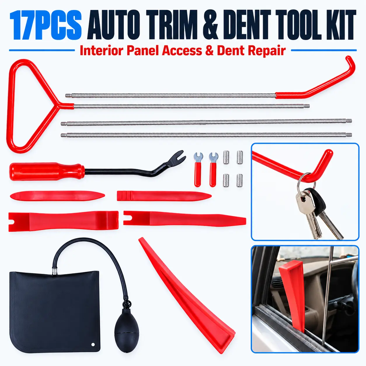 Car Dent Puller Kit, Auto Body Dent Removal Tools with Air Wedge Bag, T-Handle Puller, Long Reach Rods & Trim Removal Tools, Paintless Dent Repair Tool Set for Car Door Dents, Hail Damage, Body Creases