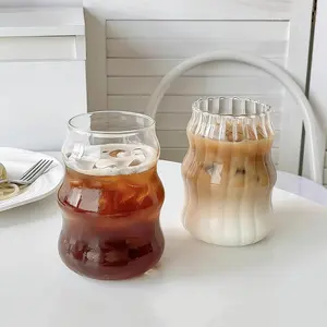 2 Pcs Ribbed Glass Cups, 18 oz Aesthetic Drinking Glasses for Coffee, Iced Drinks, Matcha - Cute Vintage Design Glassware
