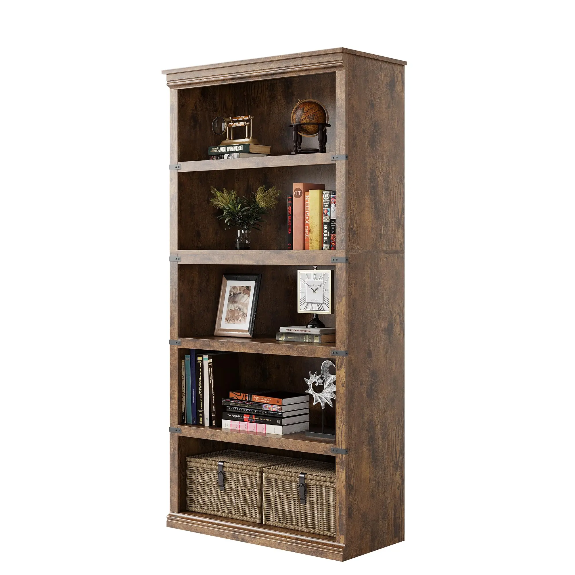 Garvee Vintage Farmhouse Standing Bookshelf - 5-Tier Rectangular Open Standing Shelf with Colonial Mold & Wall Anchor Kit, 80×32×171 cm, for Office & Living Room