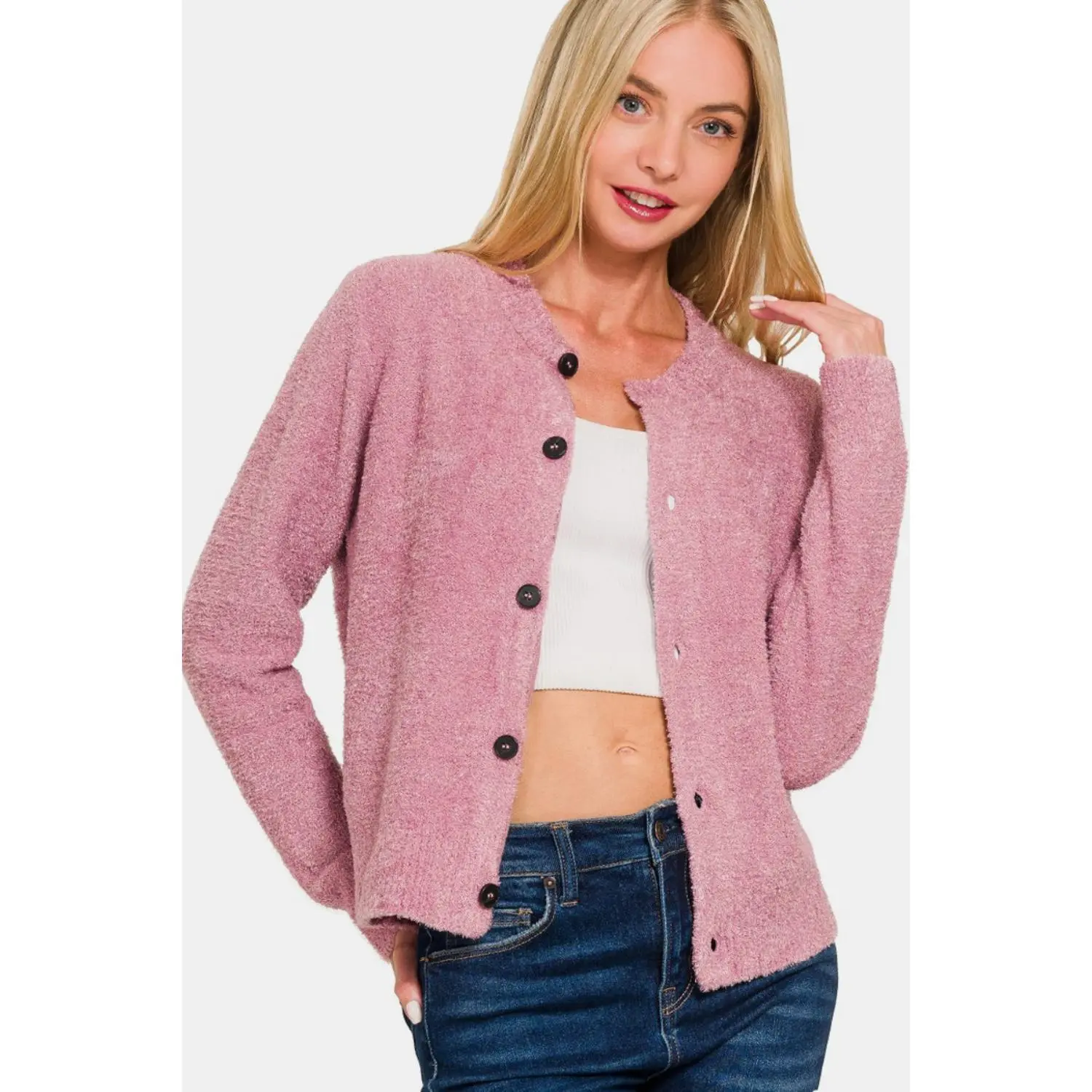 Zenana Button Down Long Sleeve Sweater Cardigan - Fitted Cozy Knitwear for Women Casual & OL Style Winter Essential Dry Clean Only Fabric Womenswear Pink