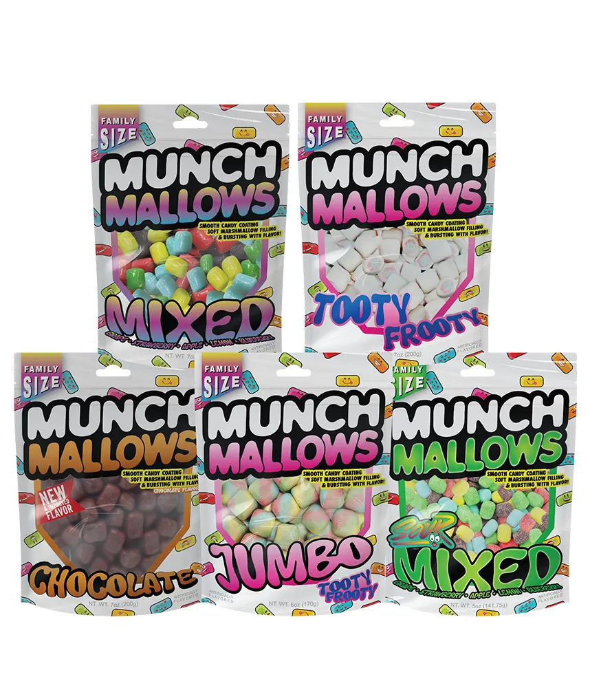 Munch Mallows Marshmallow Candy - Dual Texture Fruity Snack with Soft Marshmallow Inside & Candy-Coated Exterior Novelty Candies in Jumbo, Tooty Frooty, Chocolate, Mixed Fruit and Sour Flavors