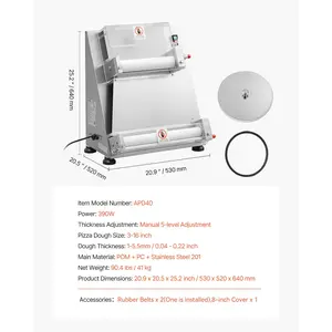 VEVOR Pizza Dough Roller Sheeter, 3-16 Inch Semi-automatic Stainless Steel Pizza Press, Commercial Electric 390W Pasta Maker Machine, 260 pcs Per Hour, Adjustable Thickness, with Dough Press Lid