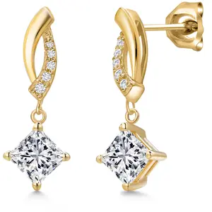 Gem Stone King 10K Yellow Gold 5MM Princess Gemstone Birthstone and White Lab Grown Diamond Infinity Dangle Earrings for Women | Gold Earrings For Women
