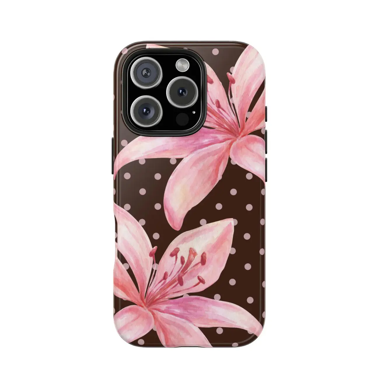 Vintage Polka Dot Blooming Lily Pattern Glossy 2-in-1 Smartphone Case, Handheld Cellphone Protection for iPhone 17, 17Pro, 16ProMax, 15P, 13, 11, 12, XS, 8PLUS, 7 Devices, Casing