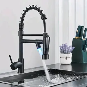 Modern Kitchen LED Faucet Matte Black Commercial RV Single Handle Dual Spout High Arc with LED Lights for Kitchen Sink