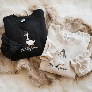Embroidered Mr Mrs. Silly Goose Sweatshirt, Goose Bride Sweater, Goose Lover Shirt, Funny Couple Sweatshirt, Bridal Party Crewneck Sweater