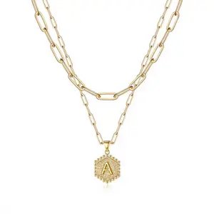 FAITHOPIA 18K Gold Plated Initial Necklace  Women| Stainless Steel Layered Paperclip Chain| Hexagon Letter Pendant A-Z| Dainty Monogram Jewelry  Everyday Wear for