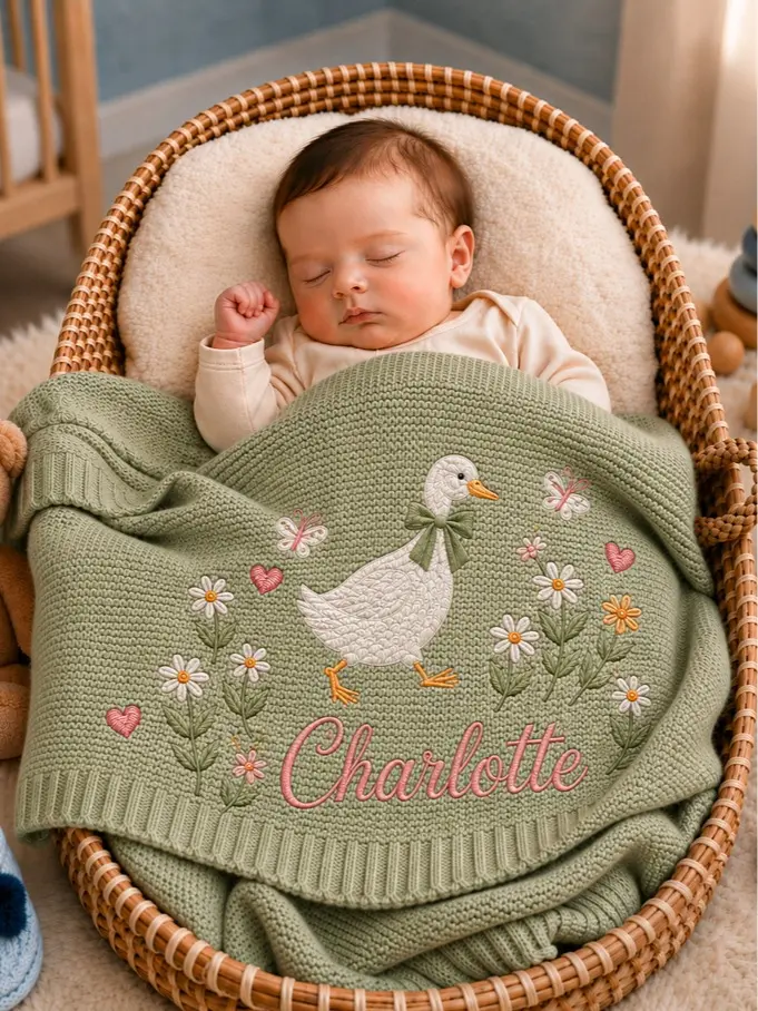 [Made-to-Order]Personalized Goose Embroidered Baby Blanket, Wildflower Custom Name Knit Blanket, Nursery Keepsake, Newborn Gift, Baby Shower Gift