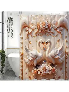 1pcs Swan Embossed Pearl Print Creative Shower Curtain Set, Decorative Bathroom Set including Waterproof Shower Curtain, and 12 Plastic Hooks, Bathroom Accessories, Home Decoration, Installation, Polyester